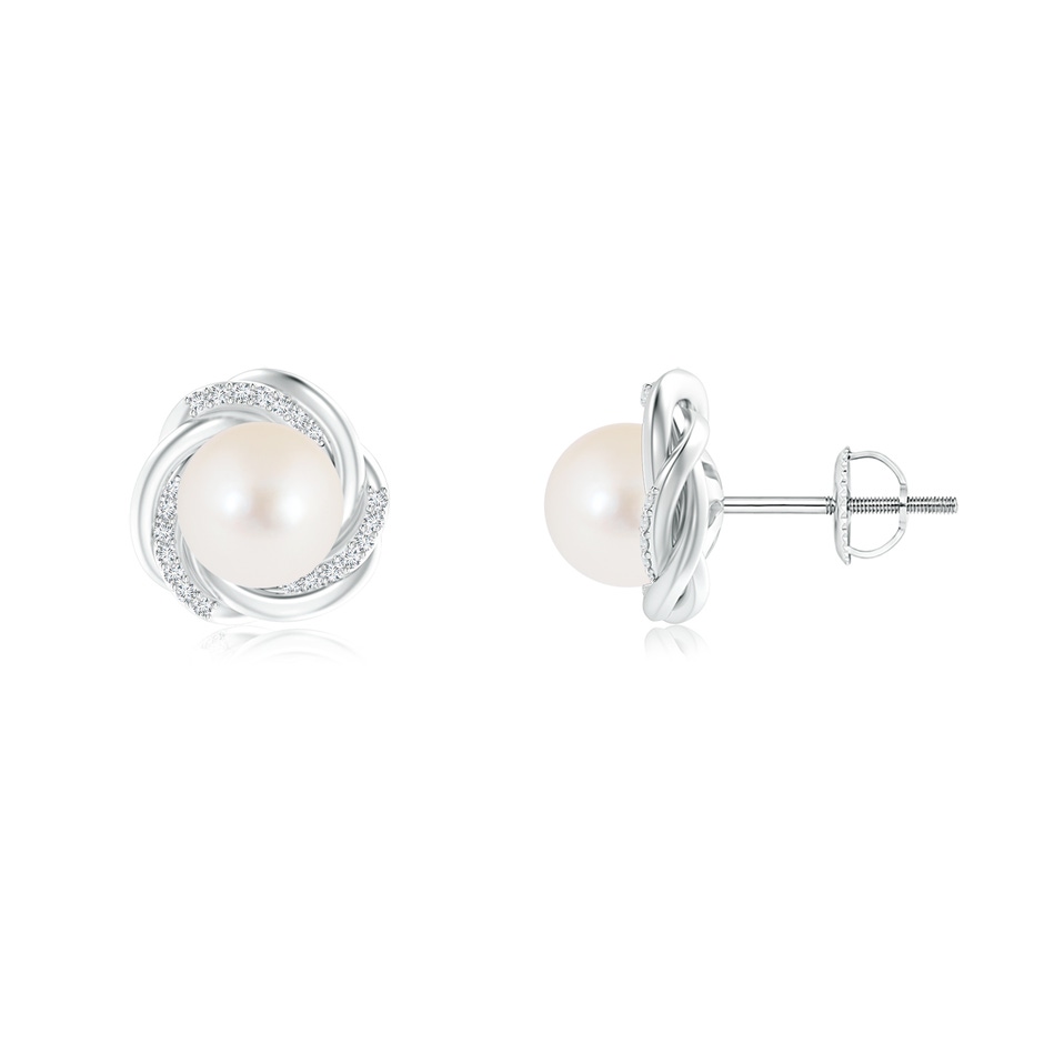 8mm AAA Freshwater Pearl Knot Earrings with Diamonds in White Gold 