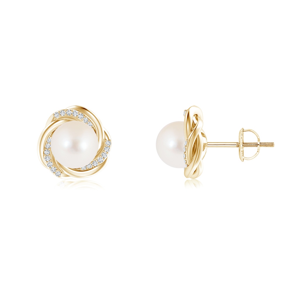 8mm AAA Freshwater Pearl Knot Earrings with Diamonds in Yellow Gold