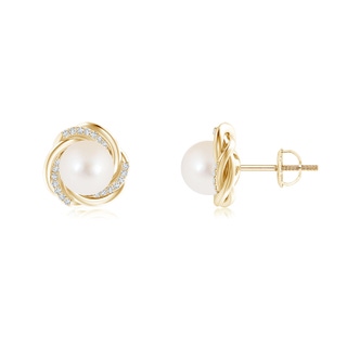 8mm AAA Freshwater Pearl Knot Earrings with Diamonds in Yellow Gold