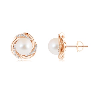 9mm AAA Freshwater Pearl Knot Earrings with Diamonds in Rose Gold