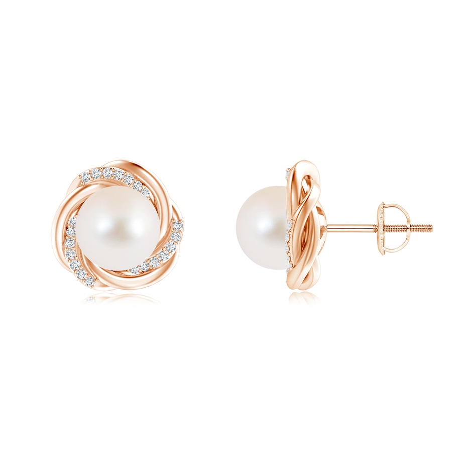 9mm AAA Freshwater Pearl Knot Earrings with Diamonds in Rose Gold 