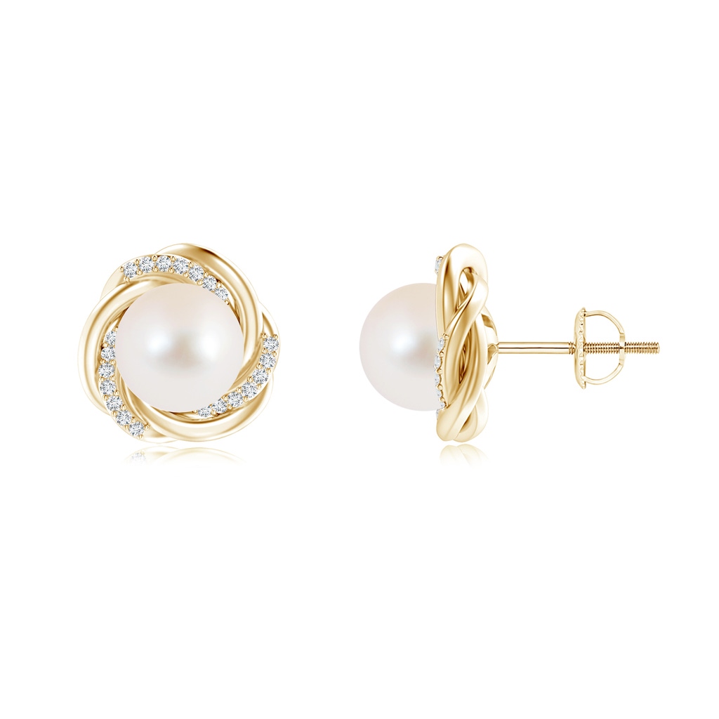 9mm AAA Freshwater Pearl Knot Earrings with Diamonds in Yellow Gold