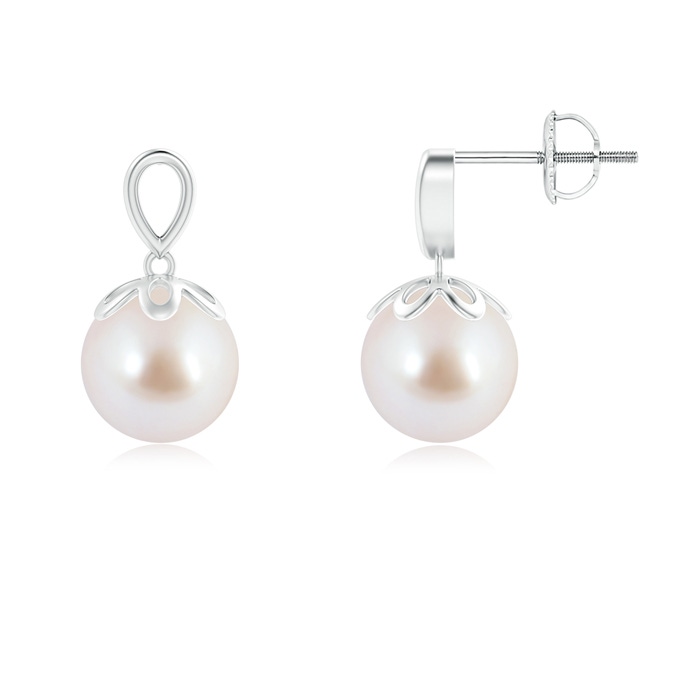 8mm AAA Solitaire Japanese Akoya Pearl Dangle Earrings in White Gold