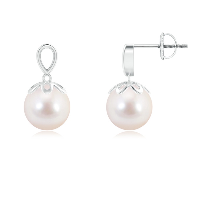 8mm AAAA Solitaire Japanese Akoya Pearl Dangle Earrings in White Gold