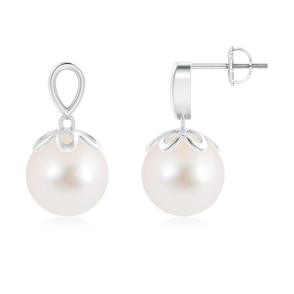 10mm AAA Solitaire Freshwater Cultured Pearl Dangle Earrings in White Gold