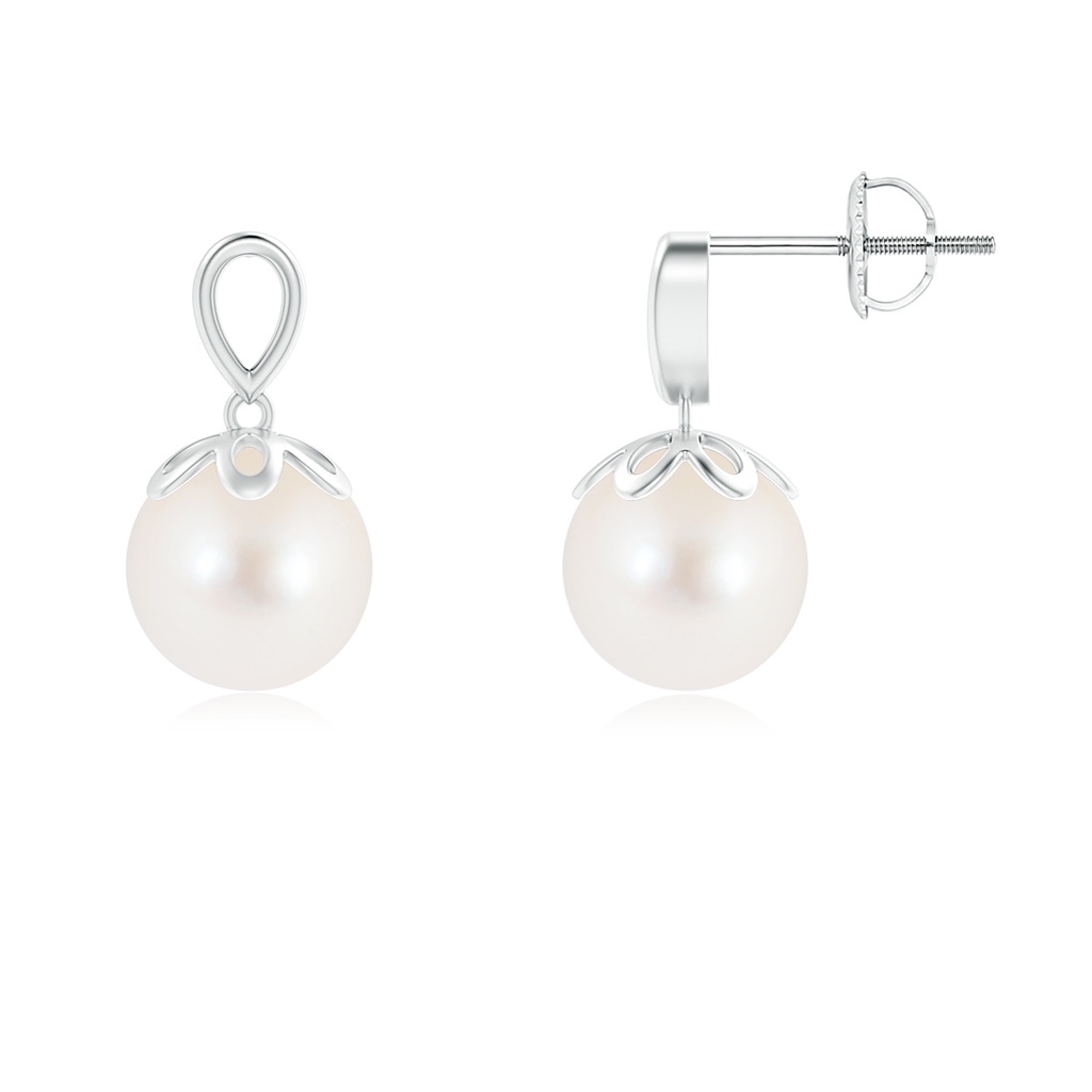 8mm AAA Solitaire Freshwater Cultured Pearl Dangle Earrings in White Gold