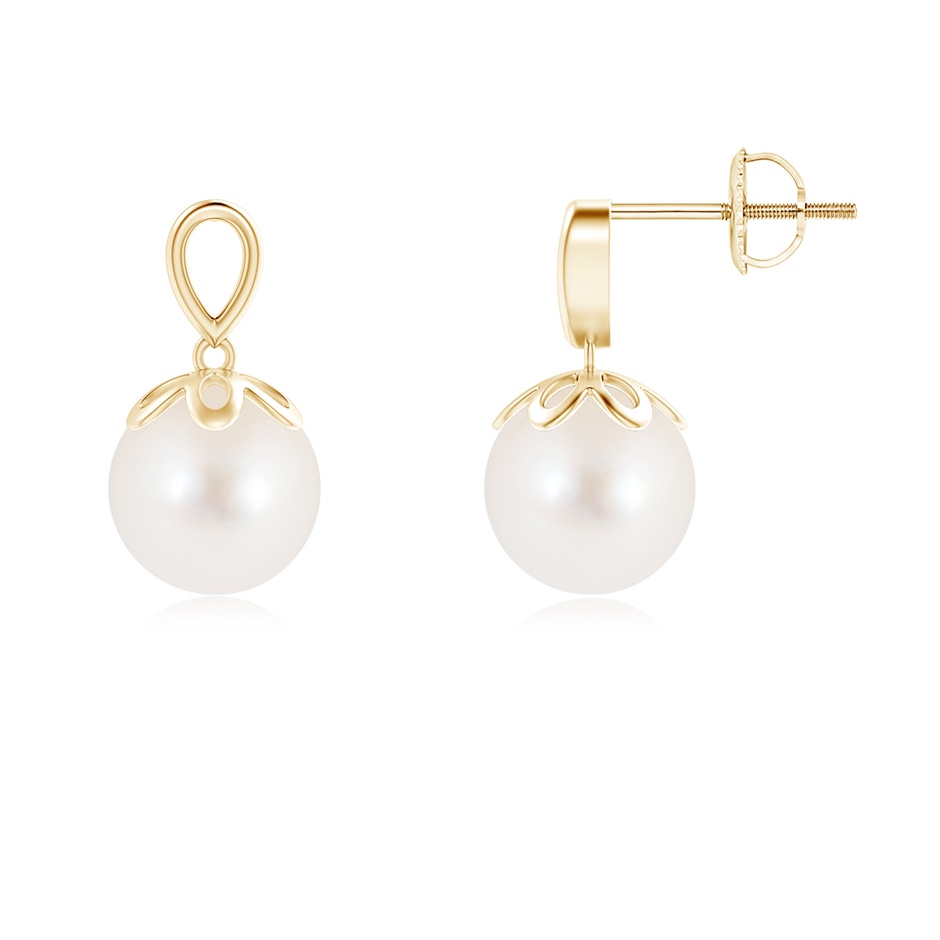 8mm AAA Solitaire Freshwater Cultured Pearl Dangle Earrings in Yellow Gold 
