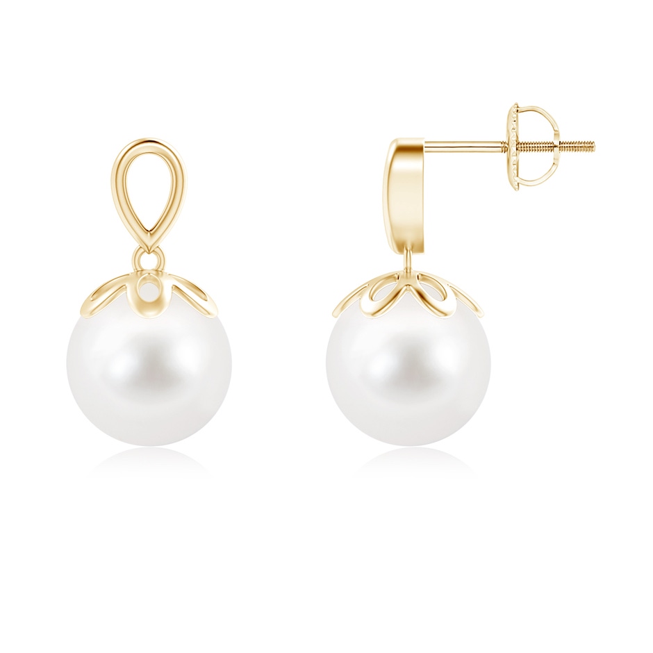 9mm AA Solitaire Freshwater Cultured Pearl Dangle Earrings in Yellow Gold 