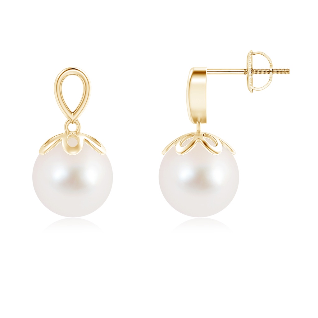 9mm AAA Solitaire Freshwater Cultured Pearl Dangle Earrings in 10K Yellow Gold