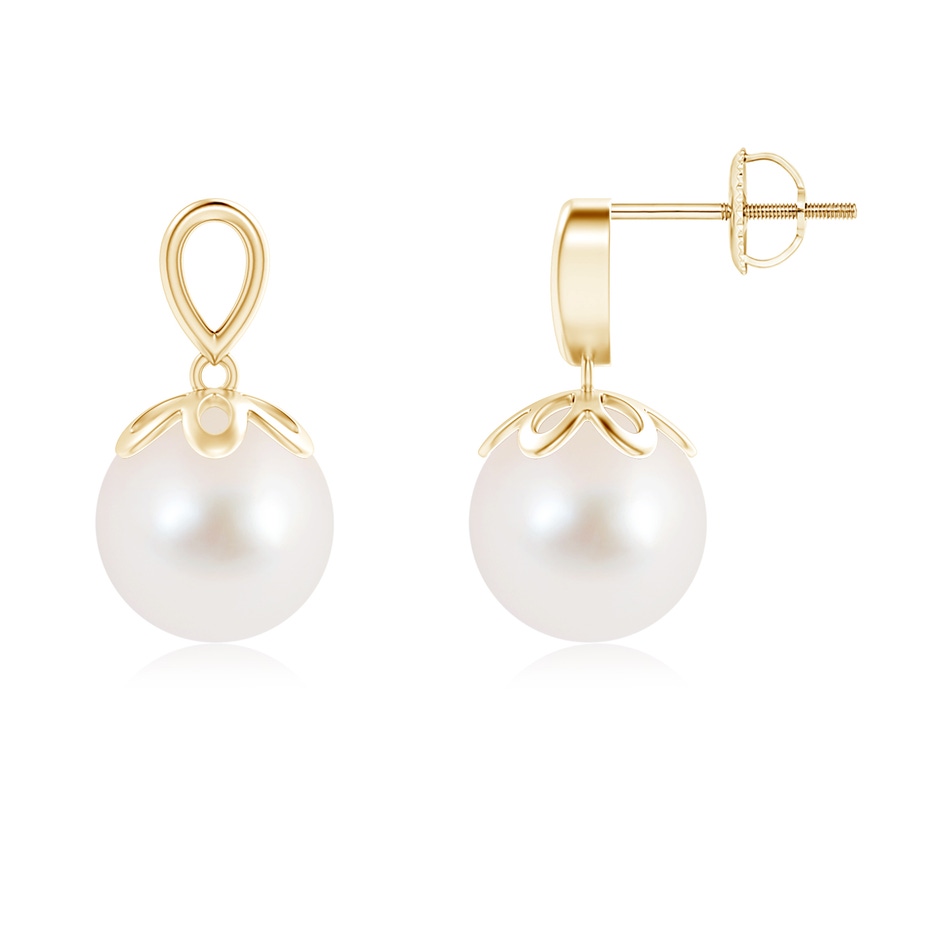 9mm AAA Solitaire Freshwater Cultured Pearl Dangle Earrings in Yellow Gold 