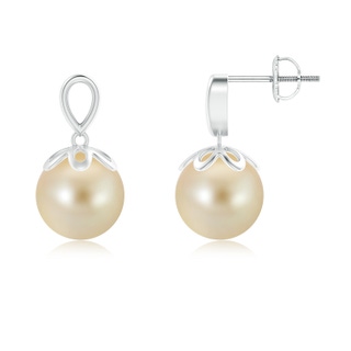 9mm AAA Solitaire Golden South Sea Cultured Pearl Dangle Earrings in White Gold