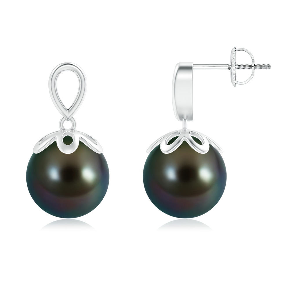 10mm AAAA Solitaire Tahitian Cultured Pearl Dangle Earrings in White Gold