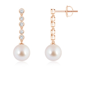 8mm AAA Akoya Cultured Pearl Long Drop Earrings with Diamonds in Rose Gold