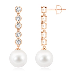 10mm AA Freshwater Cultured Pearl Long Drop Earrings with Diamonds in Rose Gold