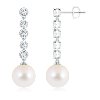 10mm AAA Freshwater Cultured Pearl Long Drop Earrings with Diamonds in 9K White Gold