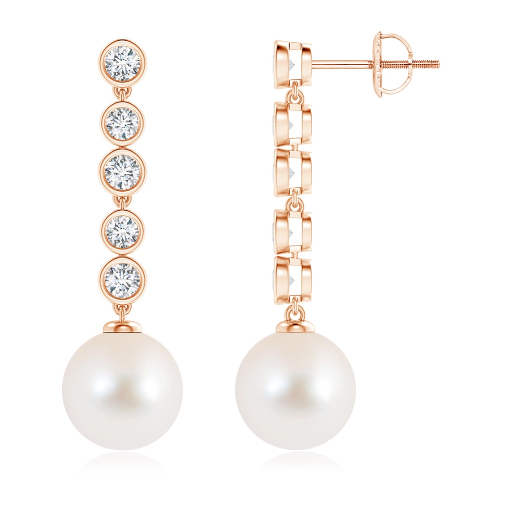 10mm AAA Freshwater Cultured Pearl Long Drop Earrings with Diamonds in Rose Gold