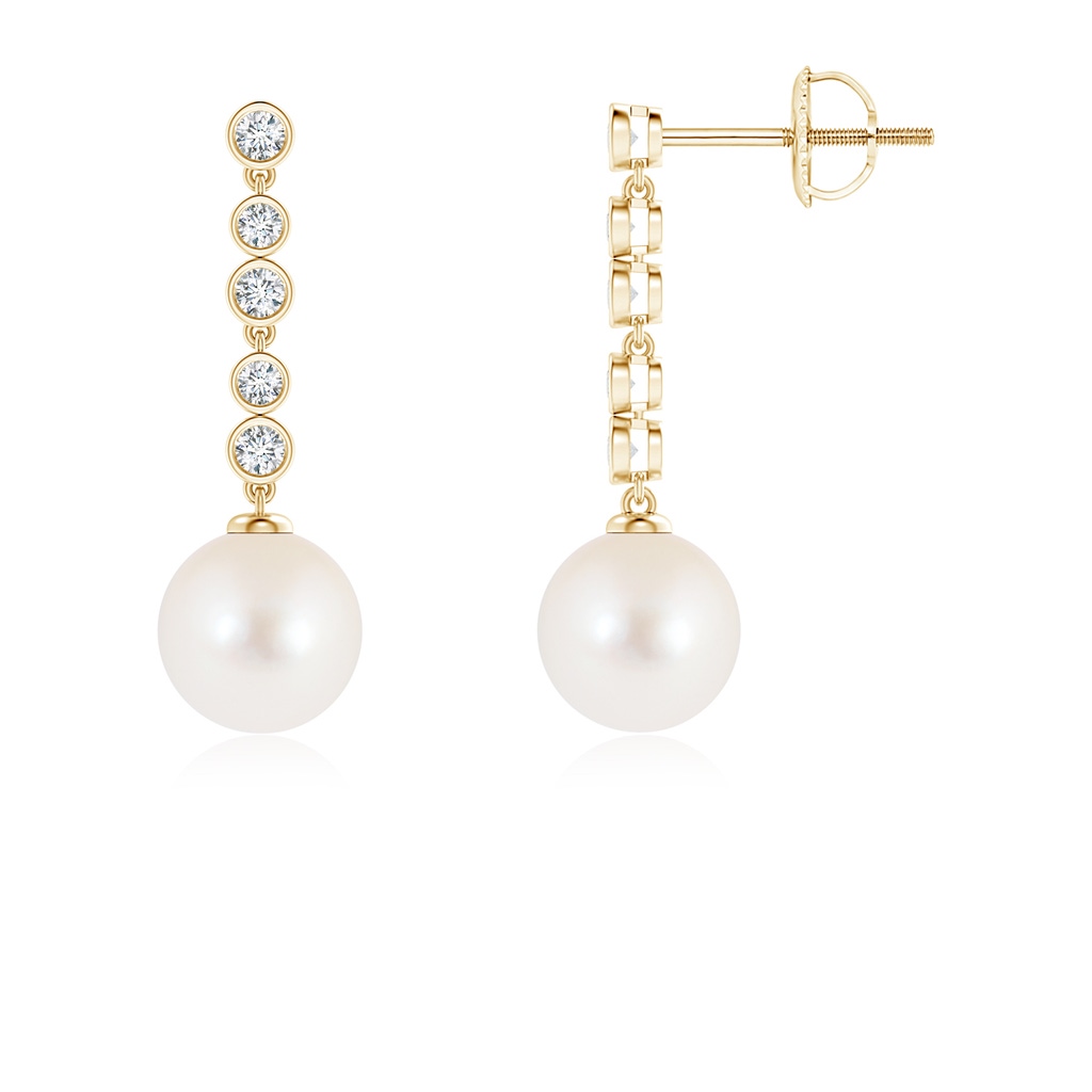 8mm AAA Freshwater Cultured Pearl Long Drop Earrings with Diamonds in Yellow Gold