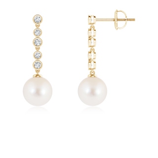 8mm AAA Freshwater Cultured Pearl Long Drop Earrings with Diamonds in Yellow Gold