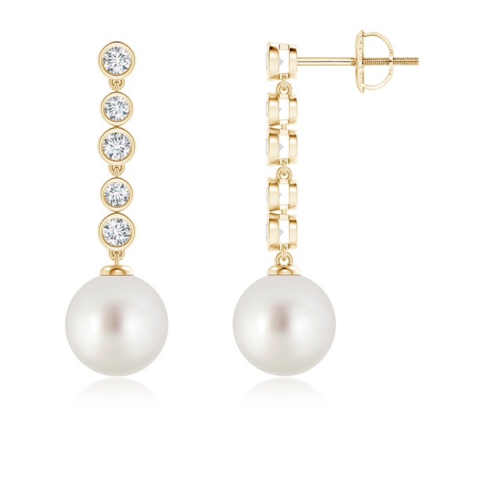 9mm AAA South Sea Pearl Long Drop Earrings with Diamonds in Yellow Gold 