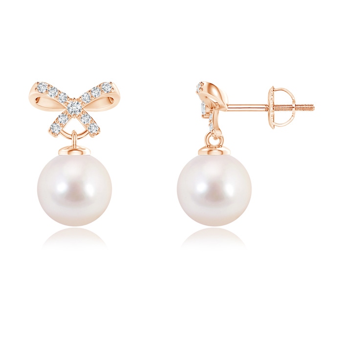 7mm AAAA Akoya Cultured Pearl and Diamond Bow Earrings in Rose Gold