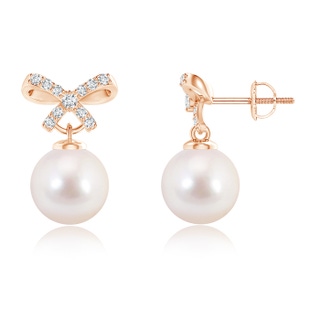 8mm AAAA Akoya Cultured Pearl and Diamond Bow Earrings in Rose Gold