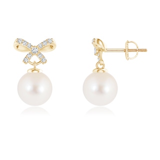7mm AAA Freshwater Cultured Pearl and Diamond Bow Earrings in Yellow Gold