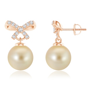 9mm AAA Golden South Sea Cultured Pearl and Diamond Bow Earrings in Rose Gold