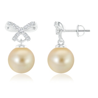 9mm AAA Golden South Sea Cultured Pearl and Diamond Bow Earrings in White Gold