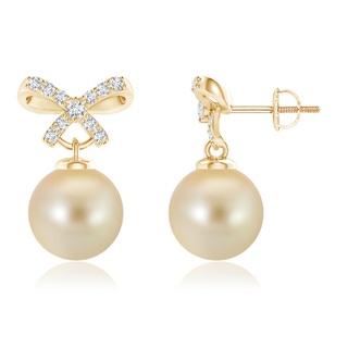 9mm AAA Golden South Sea Cultured Pearl and Diamond Bow Earrings in Yellow Gold