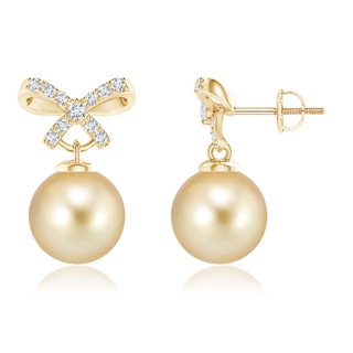 9mm AAAA Golden South Sea Cultured Pearl and Diamond Bow Earrings in Yellow Gold