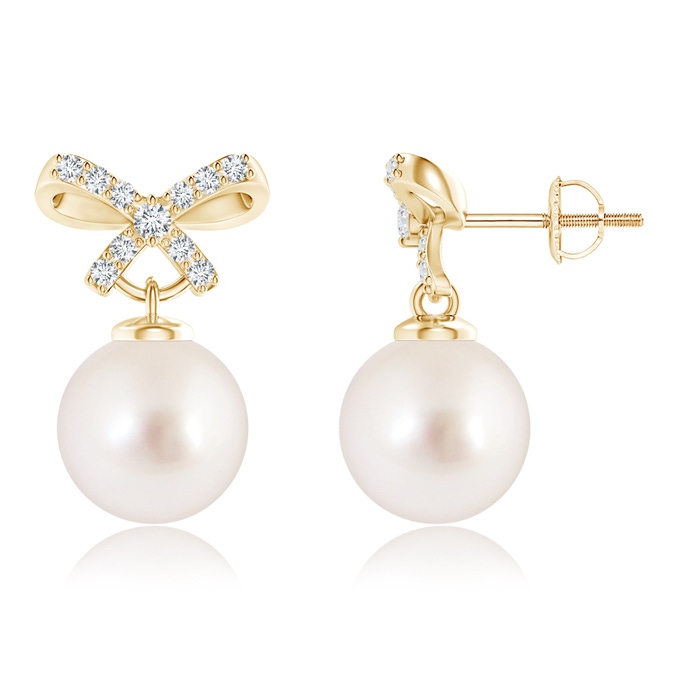 9mm AAAA South Sea Cultured Pearl and Diamond Bow Earrings in Yellow Gold