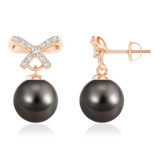 9mm AAA Tahitian Cultured Pearl and Diamond Bow Earrings in Rose Gold
