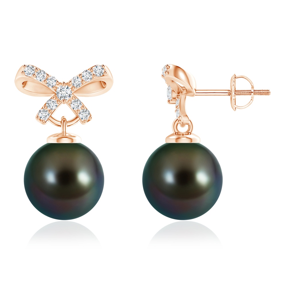 9mm AAAA Tahitian Cultured Pearl and Diamond Bow Earrings in Rose Gold