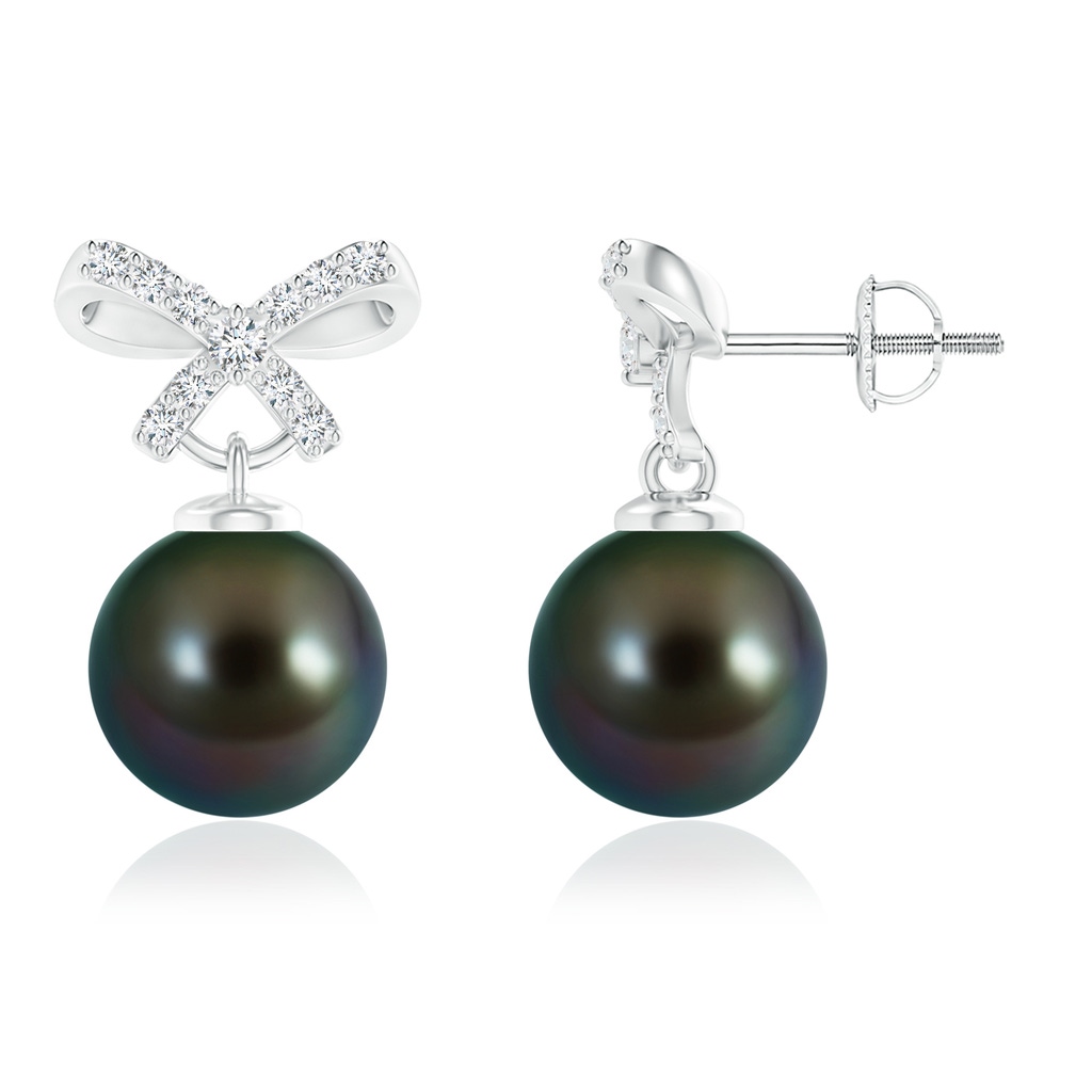 9mm AAAA Tahitian Cultured Pearl and Diamond Bow Earrings in White Gold