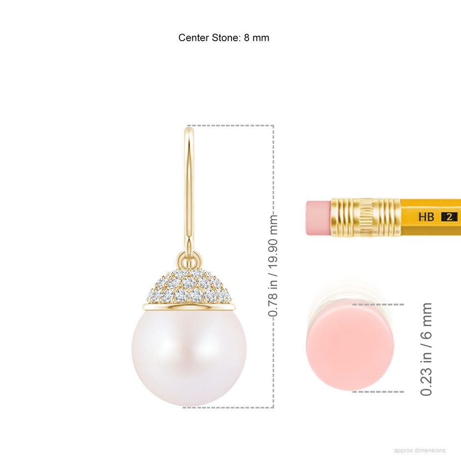 8mm AA Japanese Akoya Pearl Earrings with Diamond Crown in Yellow Gold ruler