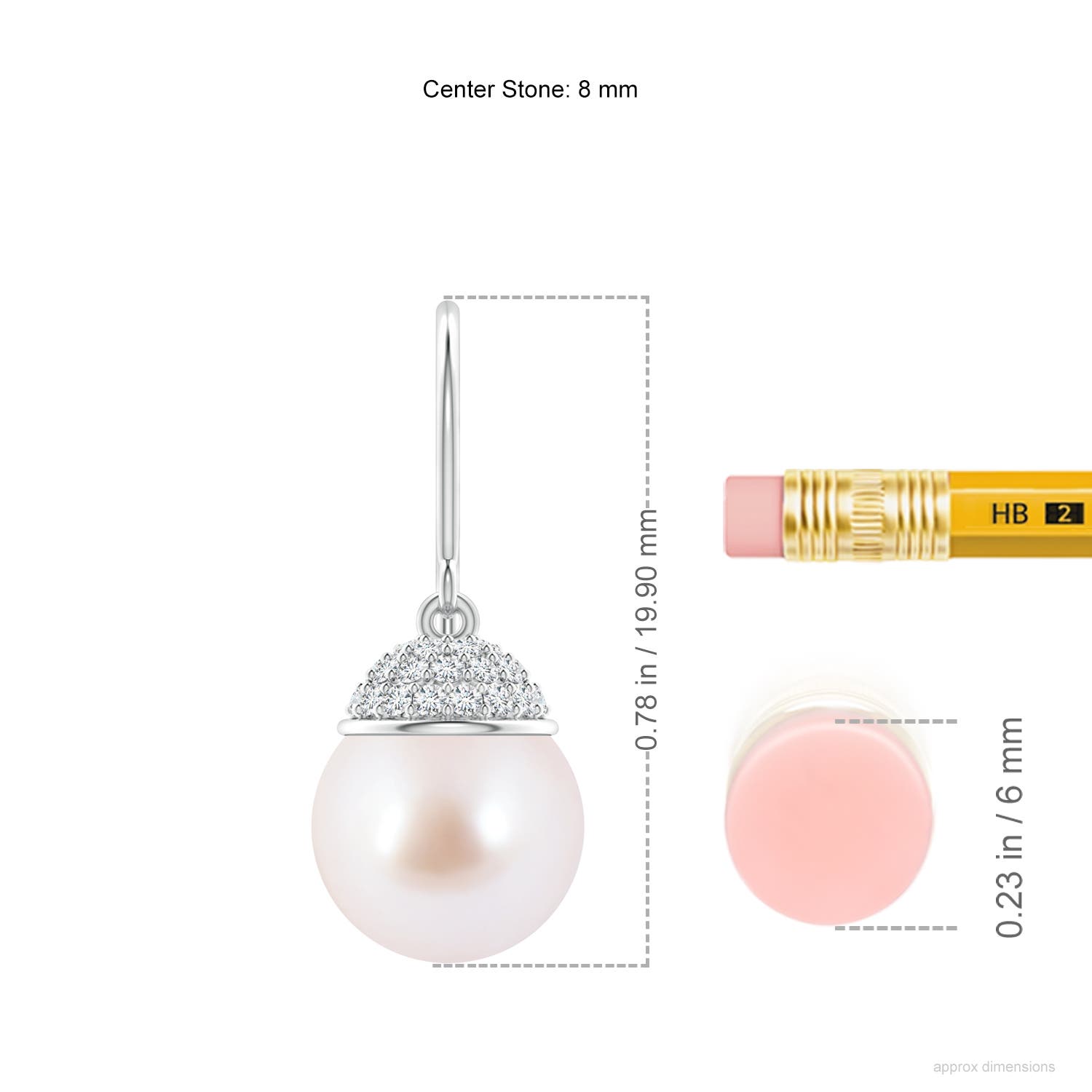 8mm AAA Japanese Akoya Pearl Earrings with Diamond Crown in White Gold - ruler