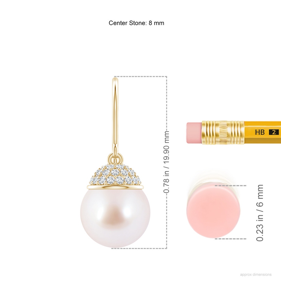 8mm AAA Japanese Akoya Pearl Earrings with Diamond Crown in Yellow Gold ruler