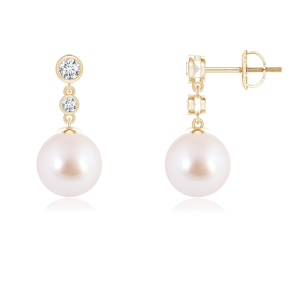 8mm AAA Akoya Cultured Pearl Drop Earrings with Bezel Diamonds in Yellow Gold