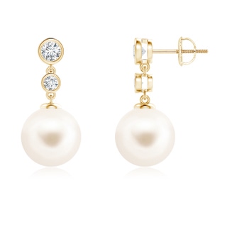 10mm AAA Freshwater Pearl Drop Earrings with Bezel Diamonds in Yellow Gold