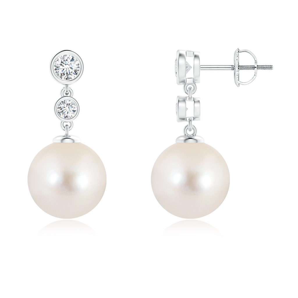 10mm AAAA Freshwater Pearl Drop Earrings with Bezel Diamonds in White Gold