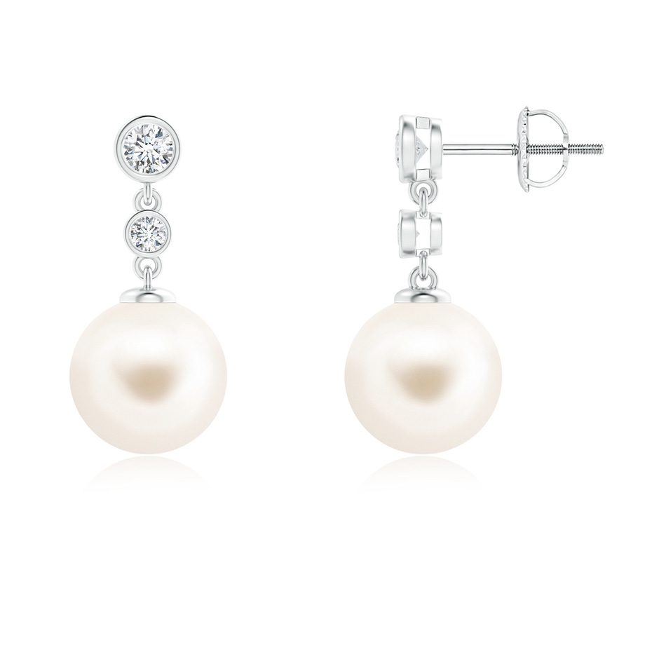 9mm AAA Freshwater Pearl Drop Earrings with Bezel Diamonds in White Gold 