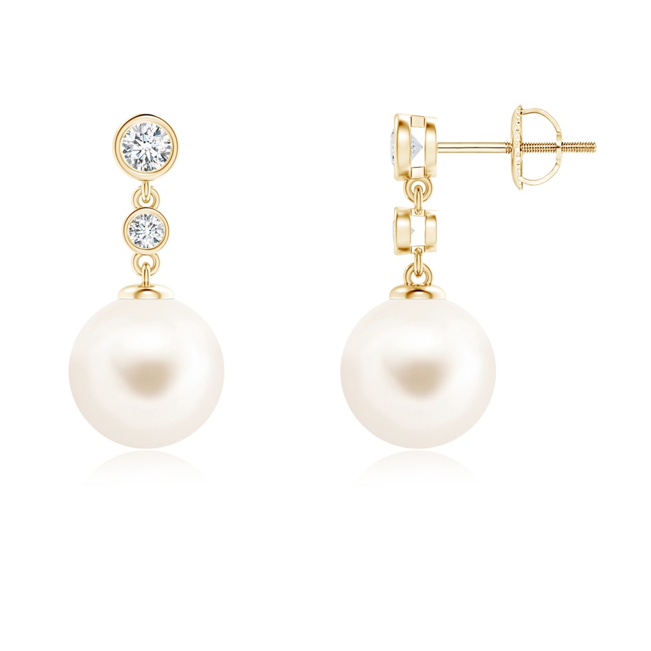 9mm AAA Freshwater Pearl Drop Earrings with Bezel Diamonds in Yellow Gold 