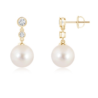 9mm AAAA Freshwater Pearl Drop Earrings with Bezel Diamonds in Yellow Gold