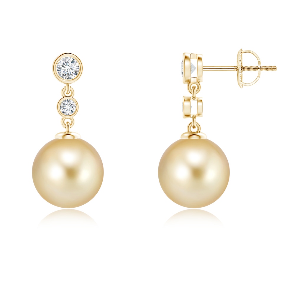 9mm AAAA Golden South Sea Cultured Pearl Earrings with Bezel Diamonds in Yellow Gold