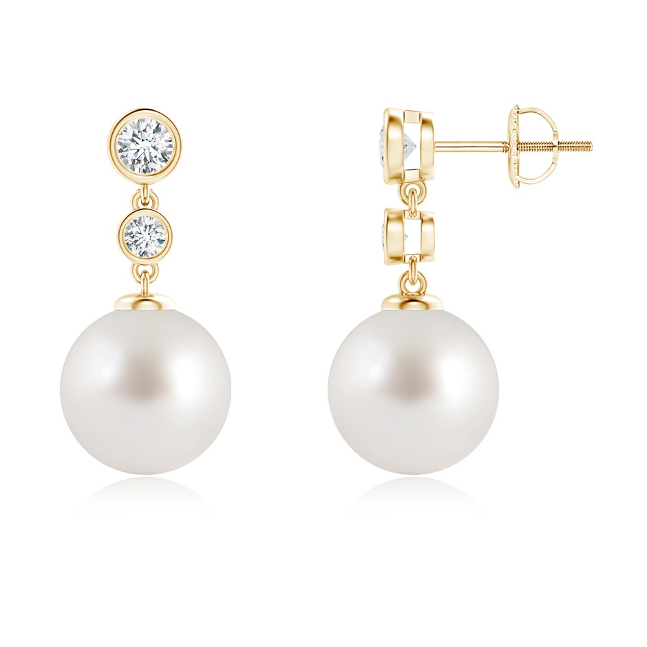 10mm AAA South Sea Pearl Drop Earrings with Bezel Diamonds in Yellow Gold 
