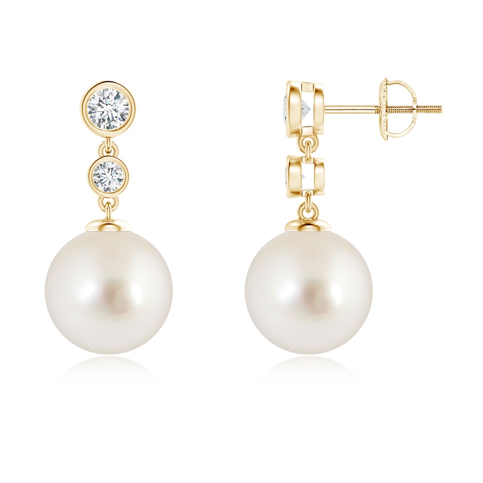 10mm AAAA South Sea Pearl Drop Earrings with Bezel Diamonds in Yellow Gold 