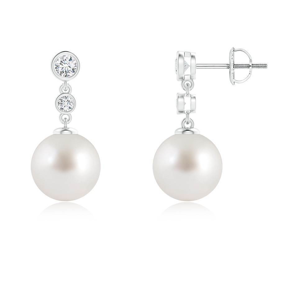 9mm AAA South Sea Pearl Drop Earrings with Bezel Diamonds in White Gold 