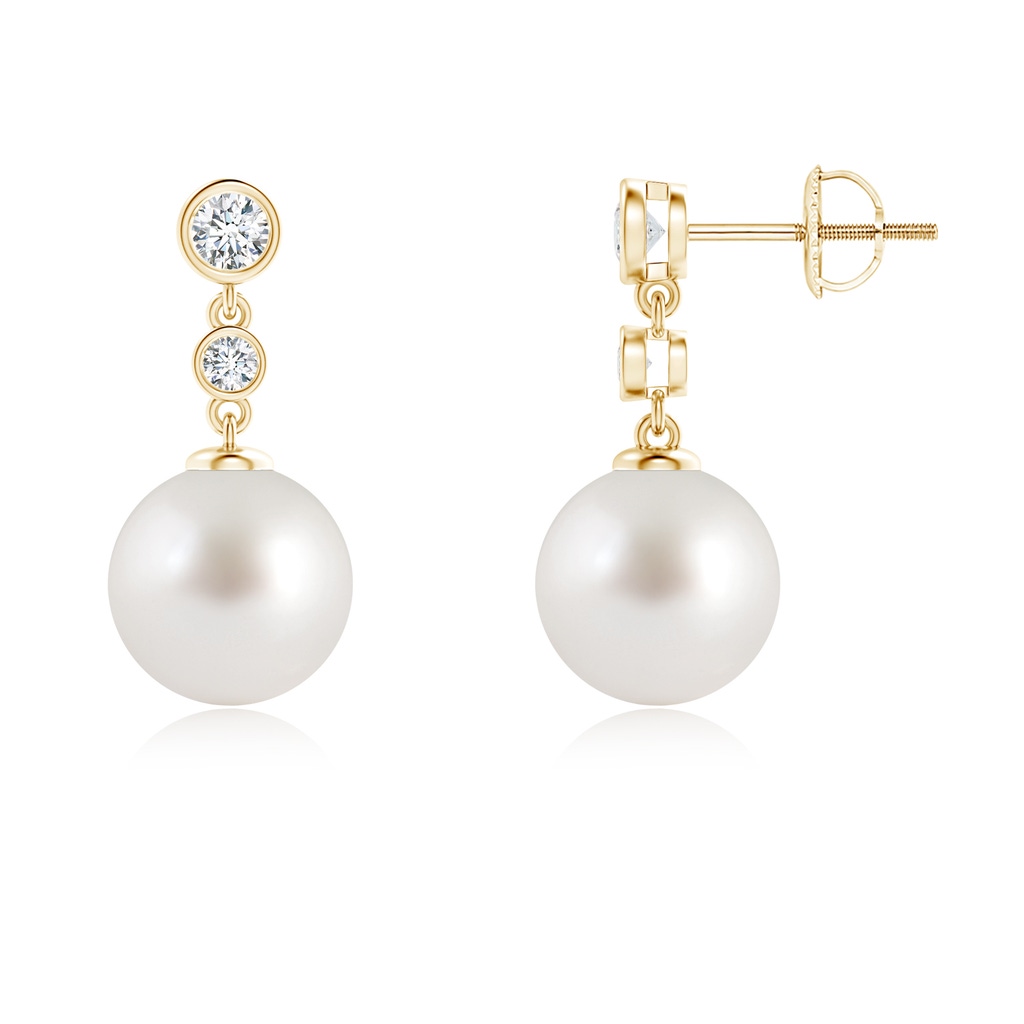 9mm AAA South Sea Pearl Drop Earrings with Bezel Diamonds in Yellow Gold