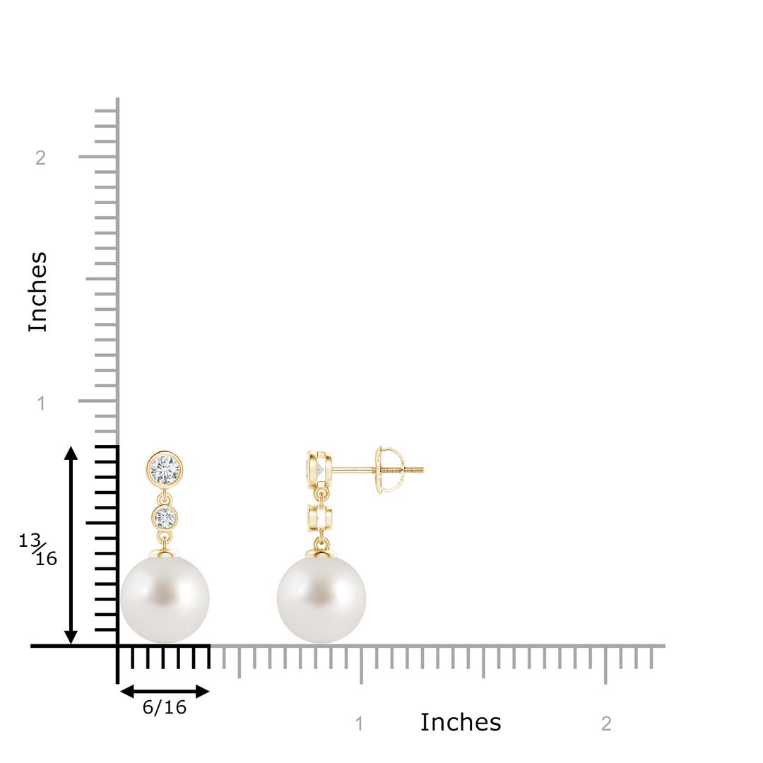 9mm AAA South Sea Pearl Drop Earrings with Bezel Diamonds in Yellow Gold - ruler