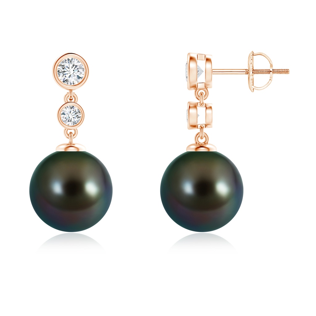 10mm AAAA Tahitian Pearl Drop Earrings with Bezel Diamonds in Rose Gold